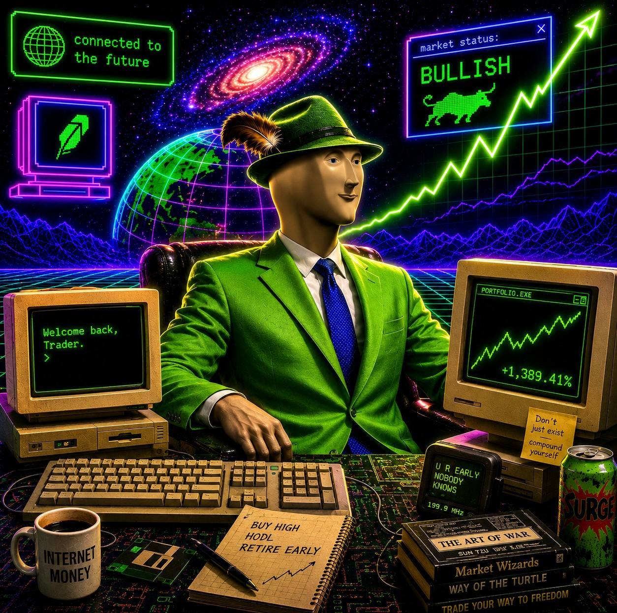 STONKS at retro trading desk, bullish market