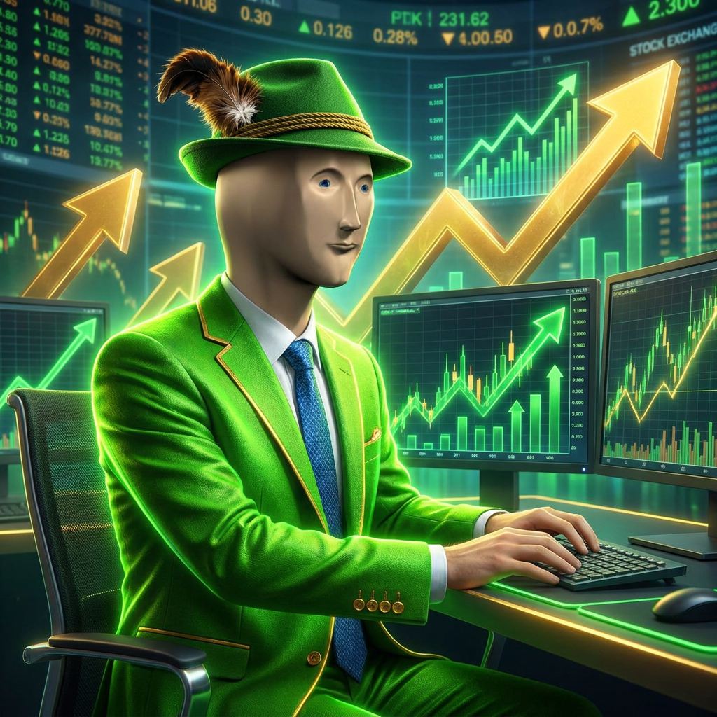 STONKS in green suit at trading office with green candles