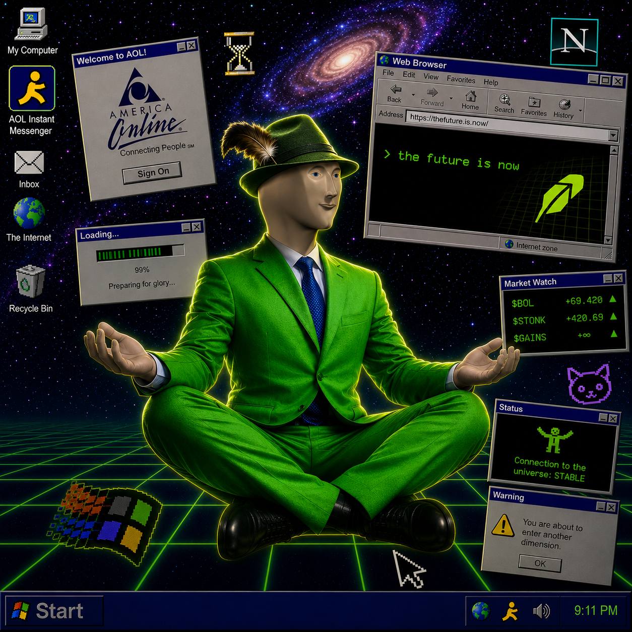 STONKS meditating on retro Windows desktop