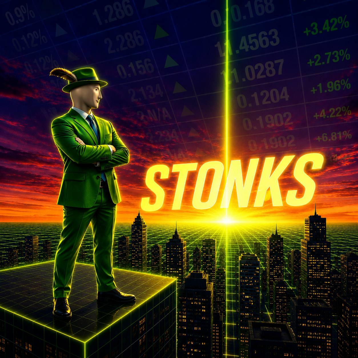 STONKS overlooking skyline with glowing STONKS text